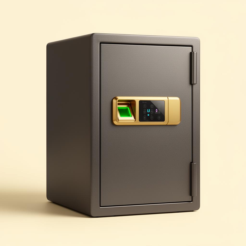 VAULTRAS biometric safe shown open, displaying the LED-lit interior and fingerprint sensor on the door