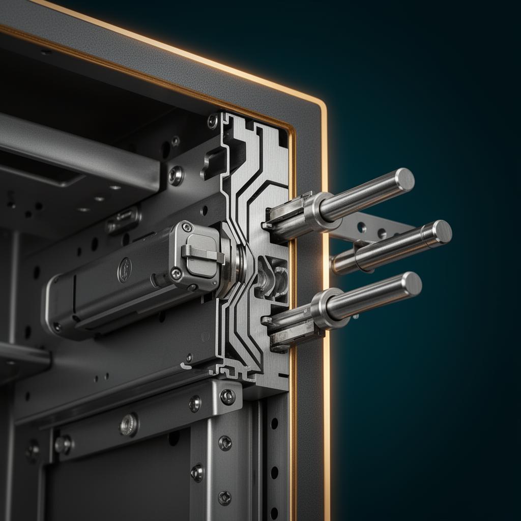 Detail view of the VAULTRAS safe frame showing the motorised bolt mechanism and reinforced steel door edge