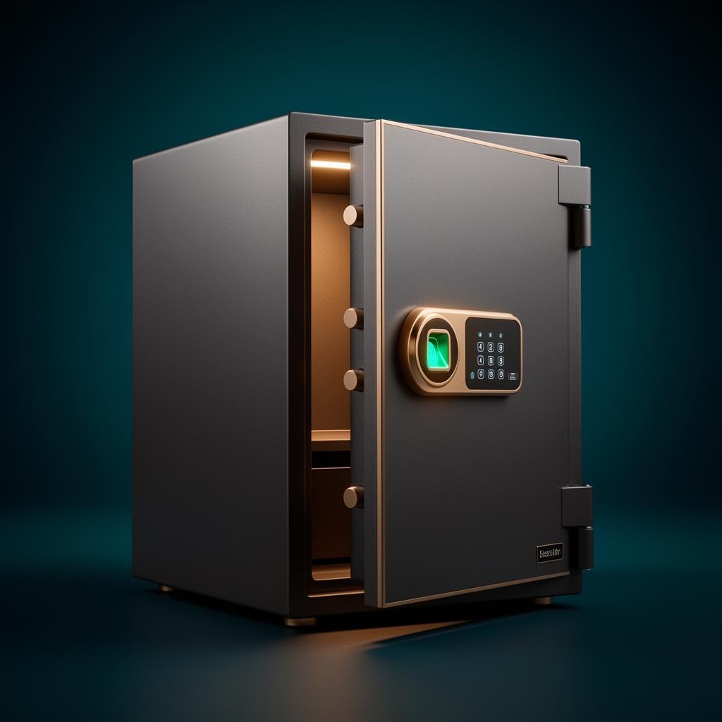 VAULTRAS biometric safe with fingerprint reader on the front panel, shown in matte graphite finish